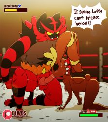 Rule 34 | 1boy, 1girl, animal ears, animated, artist name, ass, bent over, black sclera, blinking, blush, character name, colored sclera, creatures (company), diives, erection, fellatio, furry, game freak, gen 4 pokemon, gen 7 pokemon, hand on another&#039;s head, health bar, hetero, holding another&#039;s head, humiliation, incineroar, indoors, interspecies, lopunny, mars symbol, nintendo, no humans, nude, oral, patreon logo, patreon username, penis, pokemon, pokemon (creature), rabbit ears, rabbit tail, red eyes, sweat, tail, uncensored, venus symbol, watermark, wrestling ring