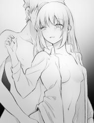 Rule 34 | 1boy, 1girl, ahoge, artoria pendragon (all), artoria pendragon (fate), blush, bottomless, breasts, cleavage, collarbone, collared shirt, dress shirt, emiya shirou, fate/stay night, fate (series), gradient background, greyscale, hair between eyes, hetero, highres, long hair, monochrome, naked shirt, navel, nude, open clothes, open mouth, open shirt, saber (fate), shirt, small breasts, suzuakks, tears, wing collar