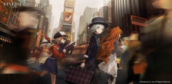 Rule 34 | 3girls, absurdres, apple, apple (reverse:1999), backpack, bag, black bow, black bowtie, black coat, black hat, black ribbon, blue dress, blue neckerchief, blurry, blurry foreground, boater hat, bow, bowtie, brown hair, cabbie hat, checkered hairband, closed mouth, coat, copyright name, copyright notice, cqqqqdaze, curly hair, day, dress, expressionless, food, from side, fruit, glass pen, gloves, grey cloak, grey hair, hair bun, hat, highres, holding, holding bag, holding case, holding pen, jacket, leg ribbon, leg up, logo, long hair, long sleeves, looking at viewer, looking to the side, marquee lights, medium hair, motion blur, multiple girls, neckerchief, new york, official art, open bag, orange hair, outdoors, pants, pen, people, polka dot neckerchief, profile, puffy long sleeves, puffy sleeves, record jacket, red jacket, regulus (reverse:1999), reverse:1999, ribbon, short hair, single side bun, sky, sonetto (reverse:1999), suitcase, sunglasses, swept bangs, thigh ribbon, times square, traditional bowtie, two side up, vertin (reverse:1999), walking, white dress, white gloves, white pants, white sky