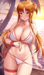 Rule 34 | 1girl, :p, asuna (sao), beach, bikini, blush, braid, breasts, brown eyes, brown hair, cleavage, commentary request, french braid, gluteal fold, highres, kawase seiki, large breasts, long hair, looking at viewer, navel, ocean, outdoors, paid reward available, palm tree, shiny skin, short ponytail, side-tie bikini bottom, skindentation, smile, solo, standing, swimsuit, sword art online, thigh gap, tongue, tongue out, tree, underboob, untied bikini, very long hair, wet, white bikini