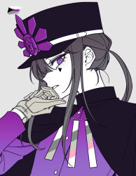 Rule 34 | 1boy, black cape, black hat, cape, demisexual flag, facial mark, fate/grand order, fate (series), gloves, grey background, grey gloves, hair between eyes, hand on own chin, hat, jewelry, lgbt pride, limited palette, long sleeves, looking at viewer, male focus, necklace, oda nobukatsu (fate), oda uri, parted lips, ponytail, purple eyes, purple shirt, sempon (doppio note), shirt, sidelocks, sideways glance, simple background, solo, triangle facial mark, upper body