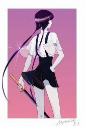 Rule 34 | 1other, androgynous, artist request, back, collared shirt, crystal hair, dress shirt, from behind, gem uniform (houseki no kuni), highres, holding, holding sword, holding weapon, houseki no kuni, long hair, low twintails, neptunite (houseki no kuni), other focus, shirt, shorts, solo, suspenders, sword, twintails, weapon, white shirt