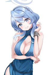 Rule 34 | 1girl, absurdres, ako (blue archive), blue dress, blue eyes, blue hair, breasts, cleavage, dress, hato maron, highres, looking at viewer, medium hair, simple background, solo