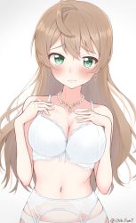 Rule 34 | 1girl, ahoge, blush, bra, breasts, chibi fumit, cleavage, collarbone, earrings, expressionless, garter belt, green eyes, hands on own chest, highres, idolmaster, idolmaster million live!, jewelry, lace, lace-trimmed bra, lace trim, large breasts, light brown hair, long hair, looking at viewer, navel, necklace, official alternate hairstyle, panties, sakuramori kaori, simple background, solo, straight hair, twitter username, underwear, underwear only, upper body, very long hair, white background, white bra, white panties
