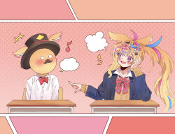 Rule 34 | +++, 1girl, 1other, ahoge, animal ear fluff, animal ears, black headwear, blank speech bubble, blonde hair, blue bow, blue bowtie, blue hair, blush, bow, bowtie, brown cardigan, cardigan, collared shirt, commentary request, desk, diagonal-striped bow, diagonal-striped bowtie, diagonal-striped clothes, dress shirt, facial hair, fox ears, fox girl, gyaru, hair bow, hair ornament, hairclip, hat, heart, heart-shaped pupils, highres, hololive, kogal, long hair, long sleeves, looking at another, multicolored bowtie, multicolored hair, multiple hair bows, musical note, mustache, nose blush, official alternate costume, official alternate hair length, official alternate hairstyle, omaru polka, omaru polka (school uniform), open mouth, pi (namakurichan), pink hair, pink pupils, pointing, pointing at another, purple eyes, red bow, red bowtie, school desk, school uniform, shirt, side ponytail, smile, speech bubble, streaked hair, striped clothes, symbol-shaped pupils, top hat, upper body, very long hair, virtual youtuber, white shirt, zain (omaru polka)