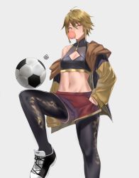 Rule 34 | 1girl, ahoge, artist name, ball, black pantyhose, black sports bra, blonde hair, breasts, blowing bubbles, cleavage, cleavage cutout, clothing cutout, covered erect nipples, cowboy shot, dated commentary, grey background, groin, hair between eyes, hand in pocket, hood, hood down, hooded jacket, hunyan, jacket, long sleeves, looking at viewer, midriff, navel, off shoulder, open clothes, open jacket, original, pantyhose, red shorts, shoes, short hair, short shorts, shorts, sidelocks, simple background, single bare shoulder, small breasts, sneakers, soccer ball, solo, sports bra, standing, standing on one leg, telstar, white background, yellow eyes, yellow jacket