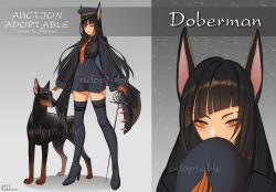 Rule 34 | 1girl, 2023, absurdres, adoptable, animal ears, artist name, belt, black belt, black footwear, black headwear, black jacket, black necktie, black shirt, black shorts, blush, boots, breasts, brown eyes, commentary, covering own mouth, creature and personification, dobermann, dog, dog ears, english commentary, eyebrow cut, gloves, hand on hilt, hat, high-waist shorts, high heel boots, high heels, highres, jacket, jacket on shoulders, long hair, looking at viewer, medium breasts, military hat, multiple views, necktie, orange gloves, original, personification, pinkuma, rapier, shirt, shorts, sleeves past fingers, sleeves past wrists, smile, sword, thigh boots, very long hair, weapon