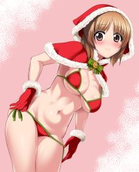 Rule 34 | 1girl, bikini, bikini pull, blush, boko (girls und panzer), breasts, brown eyes, brown hair, capelet, closed mouth, clothes pull, commentary request, cowboy shot, frown, fur-trimmed capelet, fur-trimmed gloves, fur trim, girls und panzer, gloves, highres, hood, hooded capelet, leaning forward, looking at viewer, medium breasts, nishizumi miho, partial commentary, pink background, red bikini, red capelet, red gloves, saitou gabio, santa costume, short hair, side-tie bikini bottom, skindentation, solo, standing, string bikini, swimsuit