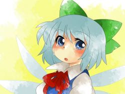 Rule 34 | 1girl, bad id, bad pixiv id, blue eyes, blue hair, blush, bow, cirno, crying, crying with eyes open, hair bow, hammer (sunset beach), matching hair/eyes, ribbon, solo, tears, touhou, wings