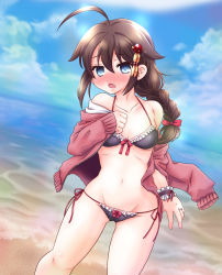 Rule 34 | 10s, 1girl, absurdres, adapted costume, bikini, black hair, blue eyes, braid, breasts, brown hair, hair flaps, highres, jacket, jewelry, kanon (kurogane knights), kantai collection, long hair, navel, ring, shigure (kancolle), shigure kai ni (kancolle), single braid, small breasts, solo, swimsuit, wedding band, wedding ring
