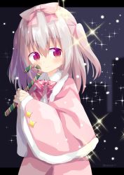 Rule 34 | 1girl, blush, bow, brown hair, candy, candy cane, capelet, closed mouth, collared shirt, commentary request, food, fur-trimmed capelet, fur trim, hair between eyes, hair bow, highres, holding, holding candy, holding food, letterboxed, long hair, nakkar, original, pink bow, pink capelet, pink skirt, red eyes, shirt, skirt, smile, solo, sparkle, two side up, white shirt