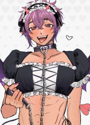 Rule 34 | 1boy, 41301nohi, black eyes, blush, chain, chain leash, collar, crossdressing, demon, demon boy, demon horns, demon tail, demon wings, fangs, fingernails, heart, heart-shaped pupils, highres, horns, leash, looking at viewer, maid, maid headdress, male focus, male maid, midriff, morvay (nu carnival), nu carnival, open mouth, puffy short sleeves, puffy sleeves, purple hair, sharp fingernails, short hair, short sleeves, sidelocks, symbol-shaped pupils, tail, teeth, tongue, tongue out, upper body, upper teeth only, white background, wings