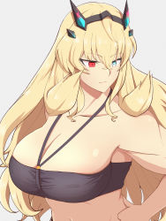 Rule 34 | 1girl, absurdres, bandeau, bare shoulders, biceps, blonde hair, blue eyes, breasts, cleavage, collarbone, drill bulbul, barghest (fate), fate/grand order, fate (series), heterochromia, highres, horns, large breasts, long hair, muscular, muscular female, navel, red eyes, revision, simple background, solo