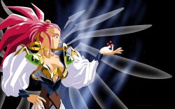 Rule 34 | 1990s (style), 1girl, absurdres, aged up, breasts, cleavage, from side, green eyes, hair slicked back, hakubi washuu, hand on own hip, highres, incredibly absurdres, jewelry, light hawk wings, medium breasts, neck ring, red hair, retro artstyle, solo, spiked hair, tenchi muyou!, vector trace, wings