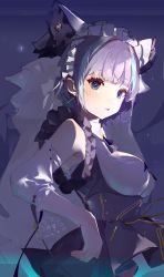 Rule 34 | 1girl, absurdres, animal ears, apron, aqua hair, azur lane, breasts, cheshire (azur lane), dated, detached sleeves, dithyo, fake animal ears, framed breasts, frilled hairband, frills, from side, hairband, highres, long hair, long ribbon, medium breasts, multicolored hair, puffy detached sleeves, puffy sleeves, purple apron, purple eyes, purple hair, solo, streaked hair, two-tone hair