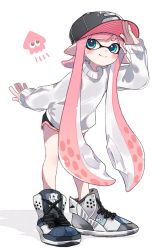 Rule 34 | 1girl, baseball cap, black hat, black shorts, blunt bangs, child, closed mouth, commentary, cross-laced footwear, dolphin shorts, emblem, full body, green eyes, hat, high tops, inkling, inkling girl, inkling player character, leaning forward, long hair, long sleeves, looking at viewer, maco spl, nintendo, pink hair, pointy ears, shading eyes, shoes, short shorts, shorts, simple background, smile, sneakers, solo, splatoon (series), splatoon 2, squid, standing, sweater, tentacle hair, very long hair, white background, white footwear, white sweater