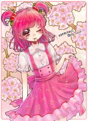 Rule 34 | 1girl, aki (na uup), bad id, bad pixiv id, blouse, character name, cherry, cherry print, floral background, flower, food, food print, fruit, hair ornament, highres, mouth hold, one eye closed, pink hair, pink skirt, precure, print skirt, red eyes, shirt, short hair, short twintails, skirt, skirt hold, smile, solo, twintails, twitter username, two side up, white shirt, yes! precure 5, yumehara nozomi