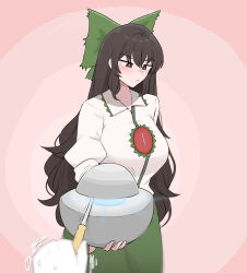 Rule 34 | 1girl, blush, bow, breasts, brown eyes, brown hair, demon core, double-parted bangs, green bow, green skirt, hair between eyes, hair bow, highres, holding, holding screwdriver, incoming gift, large breasts, long hair, looking to the side, mata (matasoup), nervous sweating, reiuji utsuho, screwdriver, shirt, sidelocks, skirt, solo, subterranean animism, sweat, third eye, touhou, very long hair