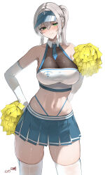 1girl absurdres alternate_costume alternate_hairstyle blue_necktie blue_skirt blush breasts cheerleader cleavage closed_mouth commentary_request cowboy_shot crop_top half_up_braid hana_hebi hand_on_own_hip highres holding holding_pom_poms hololive large_breasts long_hair looking_at_viewer miniskirt navel necktie pleated_skirt pom_pom_(cheerleading) pom_poms ponytail see-through_cleavage see-through_clothes shirogane_noel short_necktie simple_background skindentation skirt smile solo stomach sweat thick_thighs thighhighs thighs virtual_youtuber white_background white_thighhighs