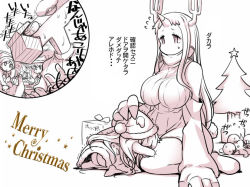 Rule 34 | 10s, abyssal ship, antlers, box, breasts, christmas, christmas tree, comic, detached sleeves, dress, flying sweatdrops, gift, gift box, hair flaps, hat, horns, kantai collection, large breasts, long hair, military, military uniform, mittens, naka (kancolle), naval uniform, northern ocean princess, omuraisu echizen, peaked cap, headpat, ribbed dress, ryuujou (kancolle), santa costume, santa hat, sazanami (kancolle), seaport princess, shigure (kancolle), short dress, single horn, sitting, sweat, t-head admiral, translation request, trembling, uniform