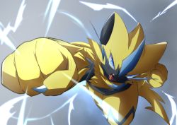 Rule 34 | blue eyes, bubobubo, clenched hands, commentary request, creatures (company), electricity, furry, game freak, gen 7 pokemon, grey background, highres, legendary pokemon, mythical pokemon, nintendo, open mouth, pokemon, pokemon (creature), sharp teeth, solo, teeth, tongue, yellow fur, zeraora