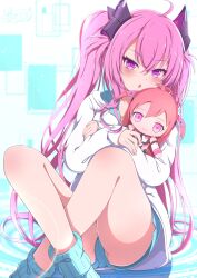 Rule 34 | 1girl, absurdres, blue shorts, blue socks, blush, character doll, grace (sound voltex), highres, hugging object, knees up, legs, lida vv, long hair, open mouth, pink eyes, pink hair, ribbon, shirt, short shorts, shorts, sitting, socks, solo, sound voltex, thighs, twintails, very long hair, white shirt