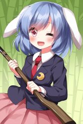Rule 34 | 1girl, ;d, animal ears, antique firearm, bamboo, bamboo forest, black jacket, blazer, blue hair, blush, breasts, collared shirt, commentary request, firearm, floppy ears, forest, gun, highres, holding, holding weapon, jacket, long sleeves, medium hair, musket, nature, necktie, one eye closed, open mouth, pink skirt, pleated skirt, rabbit ears, red eyes, red necktie, reisen (touhou bougetsushou), ruu (tksymkw), shirt, skirt, small breasts, smile, solo, touhou, upper body, weapon, white shirt