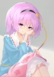 Rule 34 | 1girl, arm up, blue shirt, blush, commentary, floral print, grey background, hair ornament, hand on own face, headband, heart, heart hair ornament, highres, kanpa (campagne 9), komeiji satori, long sleeves, looking at viewer, petticoat, pink skirt, purple eyes, purple hair, rose print, shirt, short hair, sitting, skirt, skirt hold, solo, tareme, tearing up, touhou, two-tone background, white background