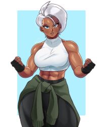 Rule 34 | 1girl, abs, black pants, blue eyes, breasts, clenched hands, clothes around waist, commentary, contrapposto, crop top, dark-skinned female, dark skin, earrings, english commentary, fingerless gloves, gloves, highres, jewelry, kooj artz, large breasts, muscular, muscular male, original, pants, short hair, solo, sweater, sweater around waist, thick thighs, thighs, white hair