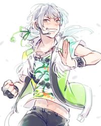 Rule 34 | 10s, 1boy, alternate costume, blush, clothes lift, cowboy shot, fingerless gloves, gloves, grin, hair tie, headset, idolmaster, idolmaster side-m, jewelry, kizaki ren, looking at viewer, male focus, navel, necklace, ponytail, shirt lift, silver hair, smile, solo, ting come, yellow eyes