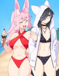 Rule 34 | 2girls, :/, :d, ^ ^, animal ear fluff, animal ears, animal hood, artist name, averting eyes, bare arms, bare shoulders, bikini, bikini under clothes, black bikini, black choker, black hair, blue sky, breasts, chloe (rob ishi), choker, closed eyes, collarbone, cowboy shot, criss-cross halter, cross, cross necklace, day, drawstring, facing another, hair over one eye, halterneck, hands in pockets, highres, hood, hooded jacket, ice cream cone, jacket, jewelry, large breasts, long hair, long sleeves, looking to the side, medium breasts, multiple girls, nail polish, navel, necklace, one eye covered, open clothes, open jacket, open mouth, original, outdoors, pink hair, ponytail, print bikini, rabbit ears, rabbit girl, rabbit tail, red bikini, red nails, rob ishi, round teeth, short eyebrows, skull print, sky, smile, studded choker, swimsuit, tail, teeth, thick eyebrows, upper teeth only, yuri