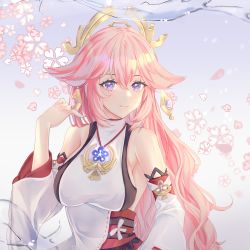 Rule 34 | 1girl, absurdres, bare shoulders, breasts, cherry blossoms, detached sleeves, dress, genshin impact, hair ornament, highres, large breasts, long hair, looking at viewer, parted bangs, petals, pink hair, purple eyes, shiiyou, smile, solo, yae miko