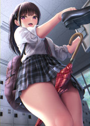 Rule 34 | 1girl, :d, backpack, bag, bare legs, between thighs, black hair, black skirt, ceiling, clothes lift, commentary request, holding, holding shoes, indoors, kase daiki, legs together, locker, long hair, looking at viewer, necktie, open mouth, original, panties, pantyshot, pink panties, plaid, plaid skirt, pleated skirt, purple eyes, school uniform, shirt, shoes, sidelocks, skirt, skirt lift, smile, solo, standing, striped necktie, striped neckwear, teeth, thighs, umbrella, underwear, uniform, upper teeth only, white shirt, window