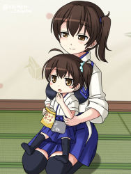 Rule 34 | 10s, 2girls, black legwear, blue skirt, brown eyes, brown hair, closed mouth, commentary request, food, hakama, hakama short skirt, hakama skirt, japanese clothes, kaga (jmsdf), kaga (kancolle), kantai collection, karuna (madlax), multiple girls, open mouth, ponytail, scrunchie, short hair, short sleeves, side ponytail, sitting, sitting on lap, sitting on person, skirt, smile, thighhighs, twitter username, aged down