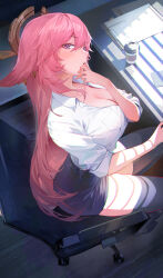 Rule 34 | 1girl, absurdres, alternate costume, animal ears, arched back, black footwear, black skirt, black thighhighs, blurry, blurry background, breast pocket, breasts, chair, chromatic aberration, cleavage, clipboard, collared shirt, commentary, cup, desk, disposable cup, floppy ears, fox ears, from above, genshin impact, hair between eyes, hair ornament, hand on own chin, hand up, headpiece, highres, indoors, kawa683, large breasts, long hair, looking at viewer, miniskirt, office chair, office lady, on chair, open mouth, partially unbuttoned, pencil skirt, pink hair, pocket, purple eyes, revision, shadow, shirt, shirt tucked in, sidelighting, sitting, skirt, sleeves rolled up, solo, swivel chair, thighhighs, very long hair, white shirt, window blinds, yae miko