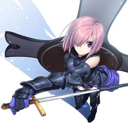 Rule 34 | 1girl, armor, armored dress, black dress, black footwear, black gloves, closed mouth, commentary, dress, elbow gloves, fate/grand order, fate (series), foreshortening, gauntlets, gloves, greaves, hair over one eye, holding, holding shield, holding sword, holding weapon, ikezawa shin, light frown, mash kyrielight, mash kyrielight (ortenaus), purple eyes, purple hair, reverse grip, shadow, shield, short dress, short hair, sleeveless, sleeveless dress, solo, sword, weapon