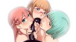 Rule 34 | 3girls, backlighting, blue eyes, blush, braid, brown eyes, brown hair, close-up, dildo, fellatio, green eyes, green hair, half updo, highres, kaieda hiroshi, licking, licking dildo, lips, multiple girls, open mouth, oral, pink hair, sex toy, simple background, simulated fellatio, tongue, topless, white background