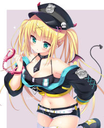 Rule 34 | 1girl, aqua eyes, bare shoulders, belt, black hat, black jacket, black shirt, black shorts, blonde hair, breasts, camisole, choker, cleavage, collarbone, commentary, crop top, cropped jacket, cuffs, demon tail, demon wings, groin, hair ornament, handcuffs, hat, jacket, leg up, long hair, long sleeves, looking at viewer, medium breasts, midriff, mini wings, navel, necktie, off-shoulder jacket, off shoulder, original, peaked cap, picpicgram, police badge, shirt, shoes, short necktie, short shorts, shorts, solo, stomach, tail, thighhighs, twintails, very long hair, white thighhighs, wings, x hair ornament