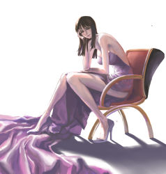 Rule 34 | 1girl, absurdres, arm rest, backless outfit, bare arms, bare legs, bare shoulders, black hair, blunt bangs, bright background, chair, dress, from side, full body, hand on own leg, hand up, head rest, high heels, highres, leaning forward, lips, lipstick, long dress, long hair, looking at viewer, makeup, nico robin, one piece, parted lips, purple dress, side slit, sitting, smile, solo, strapless, strapless dress, wu ben you ai