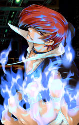 Rule 34 | 1boy, blue eyes, blue fire, choker, fire, hair over one eye, hand up, jewelry, male focus, mystic9904, pyrokinesis, red hair, ring, smile, solo, the king of fighters, yagami iori