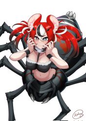 Rule 34 | 1girl, animal ear fluff, animal ears, arachne, arthropod girl, black hair, blue eyes, breasts, cleavage, hair ornament, hakos baelz, highres, hololive, hololive english, insect girl, medium breasts, monster girl, monsterification, mouse ears, multicolored hair, red hair, rlus, smile, solo, spider girl, streaked hair, taur, twintails, virtual youtuber, white hair