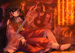 Rule 34 | 1girl, anklet, barefoot, between fingers, brown hair, evening, feet, female focus, full body, hair tubes, hakurei reimu, holding, jewelry, koha, long hair, ofuda, red eyes, red theme, sitting, solo, sunlight, sunset, sword, toes, touhou, weapon, wheat, wide sleeves, yin yang