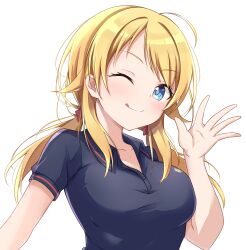 Rule 34 | 1girl, ahoge, asashin (asn), blonde hair, blue eyes, blush, bow, breasts, collarbone, dot nose, grey shirt, hachimiya meguru, hair bow, hand up, highres, idolmaster, idolmaster shiny colors, large breasts, long hair, looking at viewer, one eye closed, shirt, short sleeves, simple background, smile, solo, tongue, tongue out, upper body, white background