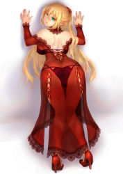 Rule 34 | 1girl, angry, aqua eyes, arm support, ass, bare shoulders, blonde hair, breasts, detached collar, dress, elf, embarrassed, from behind, high heels, highres, looking at viewer, looking back, original, pointy ears, sasagawa (haikaiki), see-through, shoulder blades, solo, thigh gap