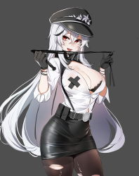 Rule 34 | 1girl, absurdres, azur lane, black bra, black gloves, black pantyhose, blouse, bra, breasts, bursting breasts, buttons, cleavage, commentary request, cowboy shot, cross pasties, crossed bangs, dickbomber, fangs, gangut (azur lane), gangut (imposing warden) (azur lane), gloves, grey background, high-waist skirt, highres, index finger raised, korean commentary, large breasts, long hair, looking at viewer, looking to the side, open mouth, pantyhose, pasties, red eyes, shirt, skirt, solo, standing, suspenders, tape, tape on nipples, teeth, tongue, torn clothes, torn pantyhose, underwear, whip, white hair, white shirt