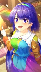 Rule 34 | 1girl, absurdres, blue eyes, blue hair, blurry, blurry background, breasts, cloak, day, dress, headband, highres, long sleeves, looking at viewer, medium breasts, medium hair, open mouth, patchwork clothes, pointing, pouch, rainbow, smile, sunlight, tenkyuu chimata, touhou, unconnected marketeers, yosshy