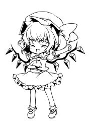 Rule 34 | 1girl, arms up, ascot, cheering, closed eyes, collared shirt, fang, flandre scarlet, frilled shirt collar, frilled skirt, frilled socks, frills, full body, greyscale, guildones, hat, highres, mary janes, medium hair, mob cap, monochrome, one side up, open mouth, puffy short sleeves, puffy sleeves, shirt, shoes, short sleeves, simple background, skirt, socks, solo, touhou, vest, wings