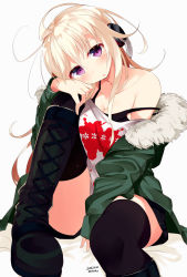 Rule 34 | 10s, 1girl, 2016, bare shoulders, bed sheet, between legs, black footwear, black thighhighs, blush, boots, breasts, cleavage, collarbone, cosplay, cross-laced footwear, dated, fur-trimmed jacket, fur trim, green jacket, hair between eyes, hand between legs, head rest, headphones, jacket, knee boots, knee up, lace-up boots, long hair, long sleeves, looking at viewer, medium breasts, messy hair, mizuki-chan (sasahara wakaba), off-shoulder shirt, off shoulder, on bed, original, persona, persona 5, print shirt, purple eyes, sakura futaba, sakura futaba (cosplay), sasahara wakaba, shirt, simple background, sitting, sleeves past wrists, solo, strap slip, thighhighs, white background, white hair