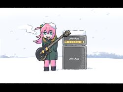 Rule 34 | 1girl, absurdres, amplifier, aqua eyes, black footwear, bocchi the rock!, boots, clenched teeth, coat, electric guitar, gotoh hitori, grey coat, guitar, hands in pockets, highres, instrument, letterboxed, long hair, long sleeves, marshall, one side up, ooishi oil, outdoors, pants, pink hair, pink pants, shaded face, snow, snow on head, solo, standing, teeth