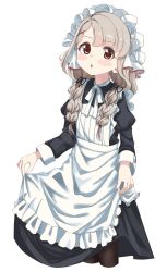 Rule 34 | 1girl, alternate costume, apron, black dress, black pantyhose, black ribbon, blush stickers, braid, braided bangs, brown eyes, brown hair, commentary request, cropped legs, dress, enmaided, frilled apron, frills, grey hair, hair over shoulder, hair ribbon, highres, hisakawa nagi, idolmaster, idolmaster cinderella girls, idolmaster cinderella girls starlight stage, juliet sleeves, long sleeves, looking at viewer, low twintails, maid, maid apron, neck ribbon, pantyhose, parted lips, puffy sleeves, ribbon, shiwa (siwaa0419), simple background, solo, twin braids, twintails, white apron, white background, white ribbon